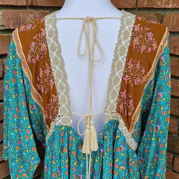 GiGiO Brand Dress Teal Multi Floral Print Crochet Trim Size Small - Picture 5 of 10
